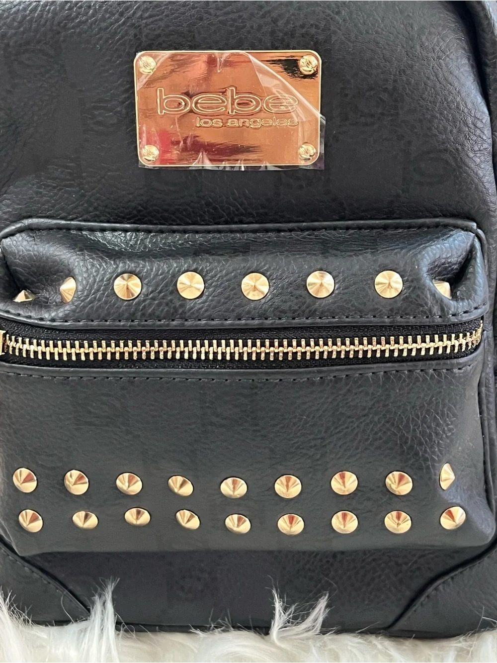 bebe Black Mini Studded Backpack with Gold Hardware